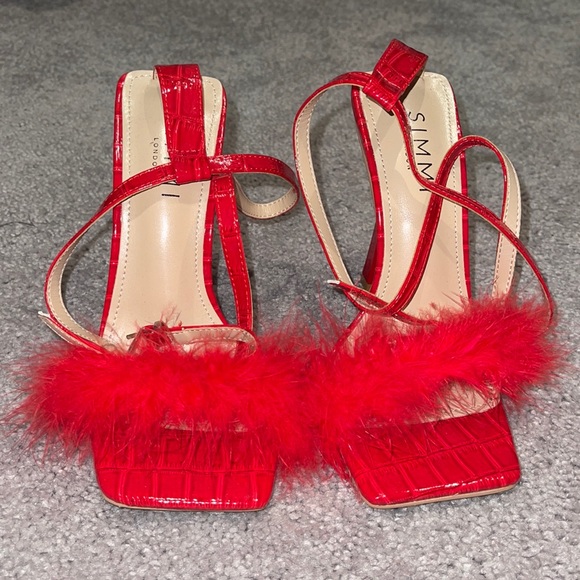 SIMMI London Sinead Red Patent Faux Croc Print Fluffy Stiletto Heels - Picture 3 of 7